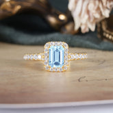 1 Carat Emerald Cut Aquamarine Classic Halo Engagement Ring